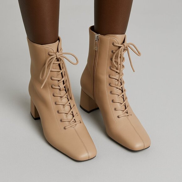Zara Beige Square Toe Lace-Up Block Heel Ankle Boots Women’s Size 7.5 (38) - Picture 1 of 7